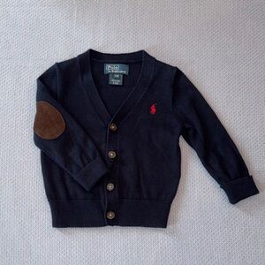 Polo by Ralph Lauren Navy Kids V‑Neck Cardigan with Brown Elbow Patch